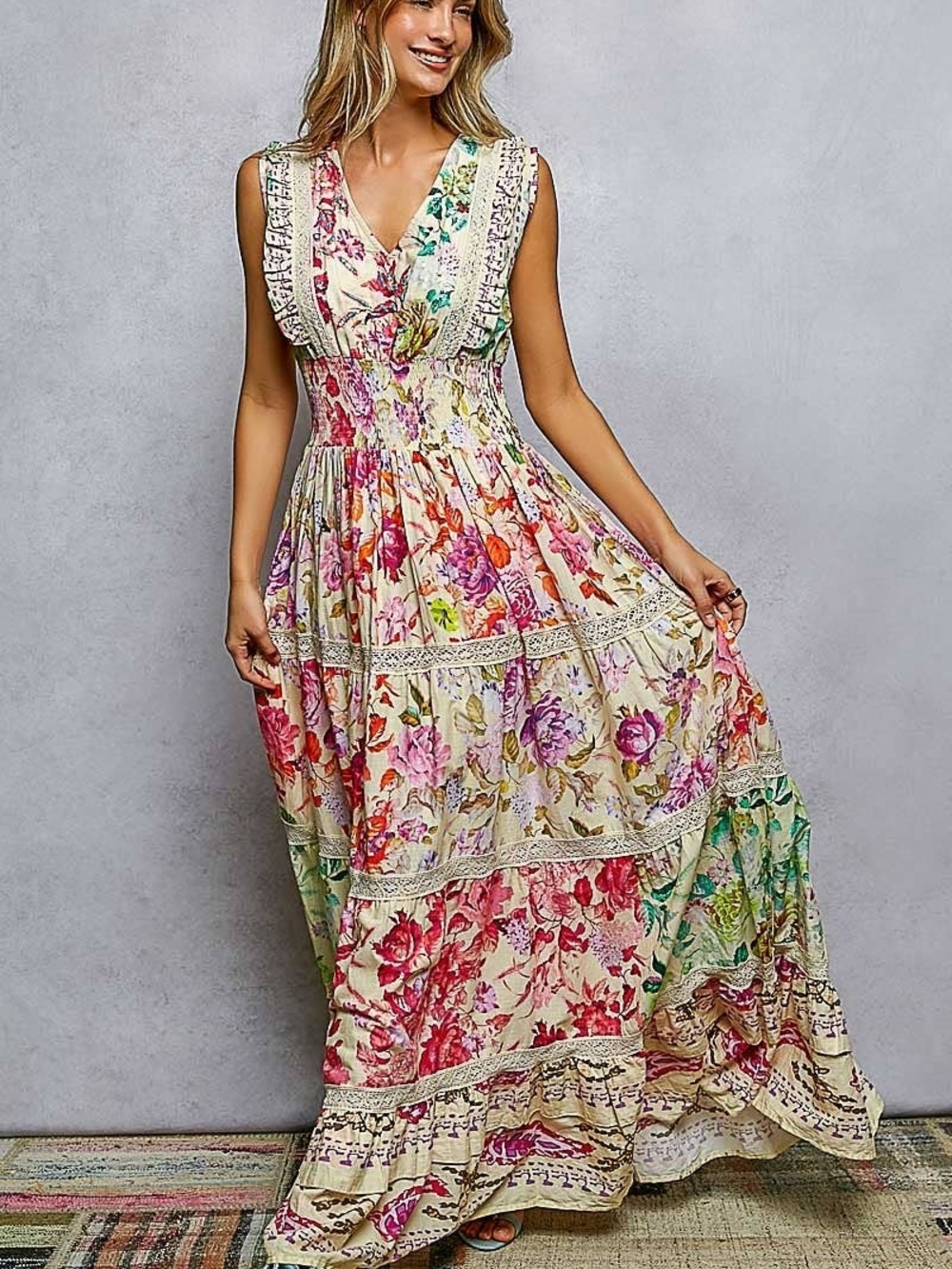 POL Floral Beaded Dress in Cream, Pink & Green Lg - Picture 6 of 8